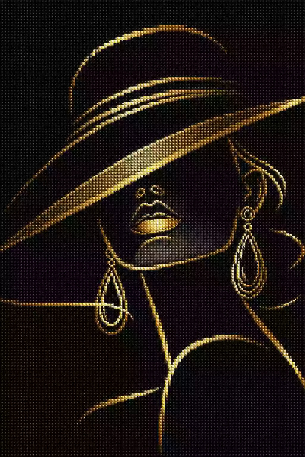 Minimalistische Frau mit Hut und goldenen Linien als Diamond Painting auf schwarzem Hintergrund. Mockup Pixelvorschau