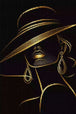 Minimalistische Frau mit Hut und goldenen Linien als Diamond Painting auf schwarzem Hintergrund. Mockup Pixelvorschau