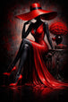 Elegante Dame im roten Kleid mit großem Hut als Diamond Painting vor dunklem Hintergrund.