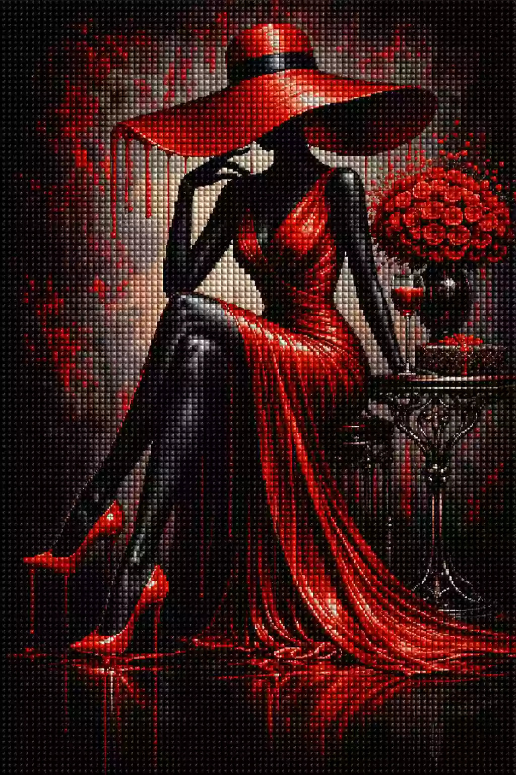 Elegante Dame im roten Kleid mit großem Hut als Diamond Painting vor dunklem Hintergrund. Mockup Pixelvorschau