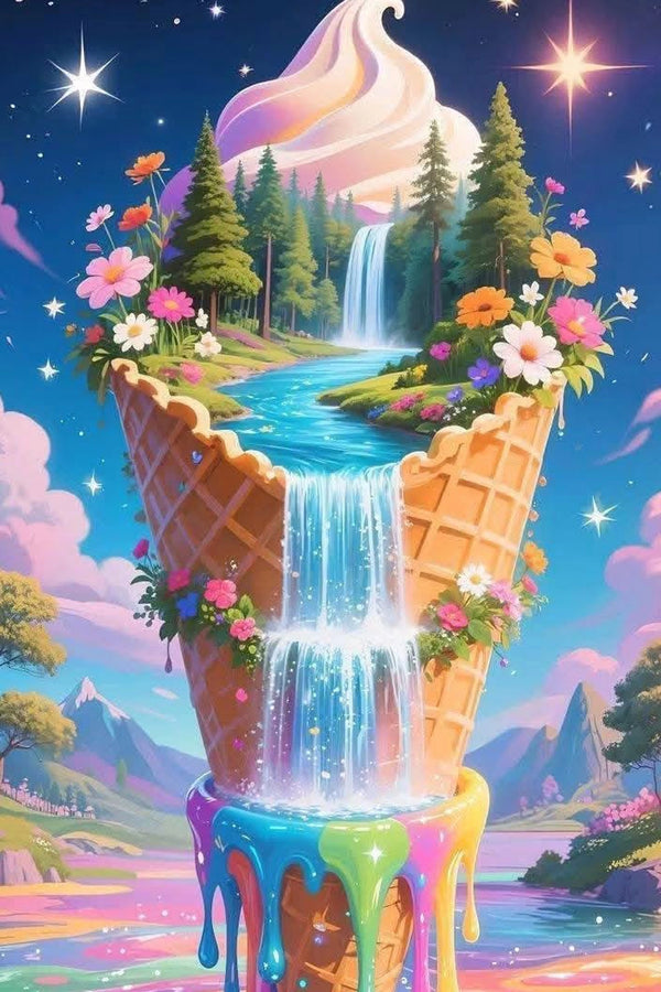 Diamond Painting mit Eiswaffel, Waldlandschaft, Blumen, Fluss und mehreren Wasserfällen