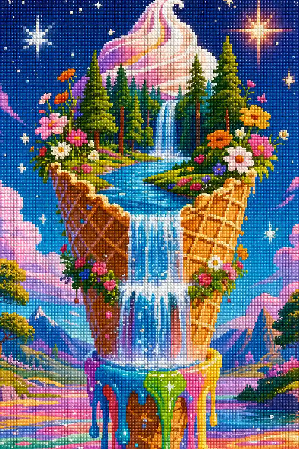 Diamond Painting mit Eiswaffel, Waldlandschaft, Blumen, Fluss und mehreren Wasserfällen, Mockup, Pixelvorschau