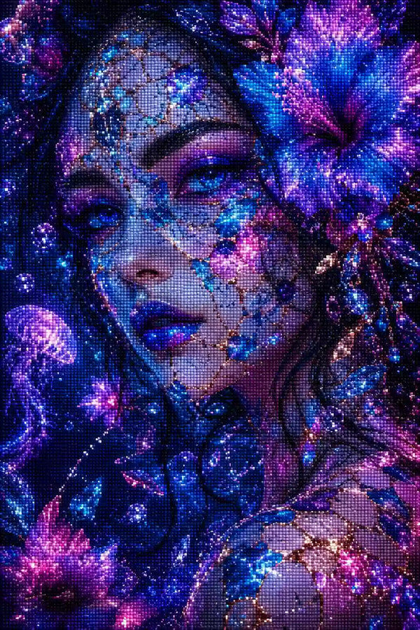 Diamond Painting einer Fantasy Frau mit blauen Blumen und Kristallen Mock up