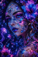 Diamond Painting einer Fantasy Frau mit blauen Blumen und Kristallen Mock up
