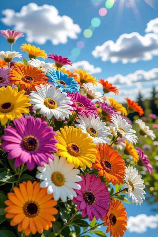 Diamond Painting mit bunten Gerbera-Blüten vor blauem Himmel und weißen Wolken