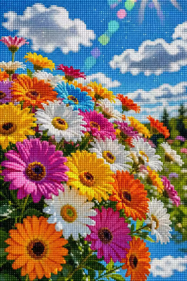 Diamond Painting mit bunten Gerbera-Blüten vor blauem Himmel und weißen Wolken, Mockup, Pixelvorschau