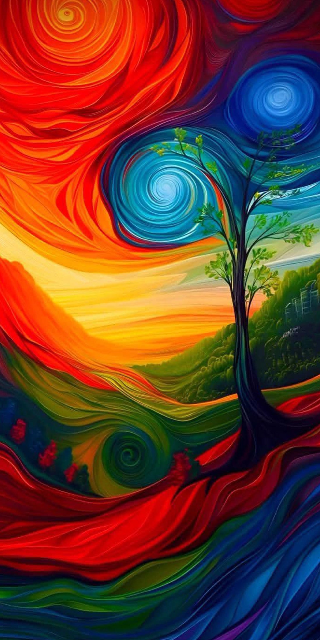 Diamond Painting mit schwarzem Lebensbaum, bunten Spiralformen, Hügeln und leuchtendem Himmel