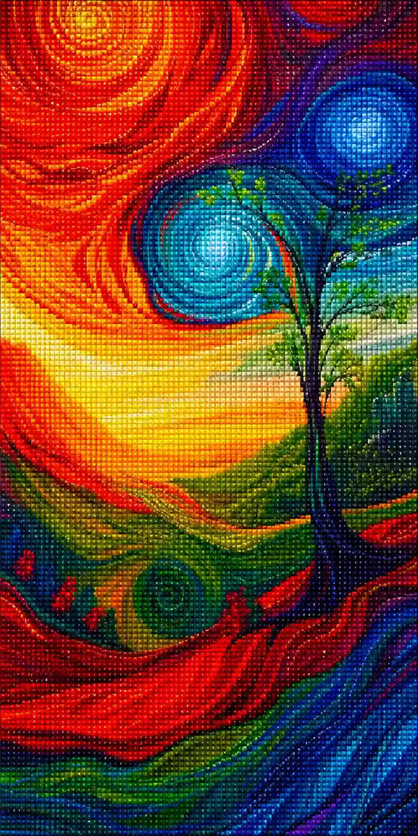 Diamond Painting mit schwarzem Lebensbaum, bunten Spiralformen, Hügeln und leuchtendem Himmel Mockup Pixelvorschau