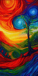 Diamond Painting mit schwarzem Lebensbaum, bunten Spiralformen, Hügeln und leuchtendem Himmel Mockup Pixelvorschau