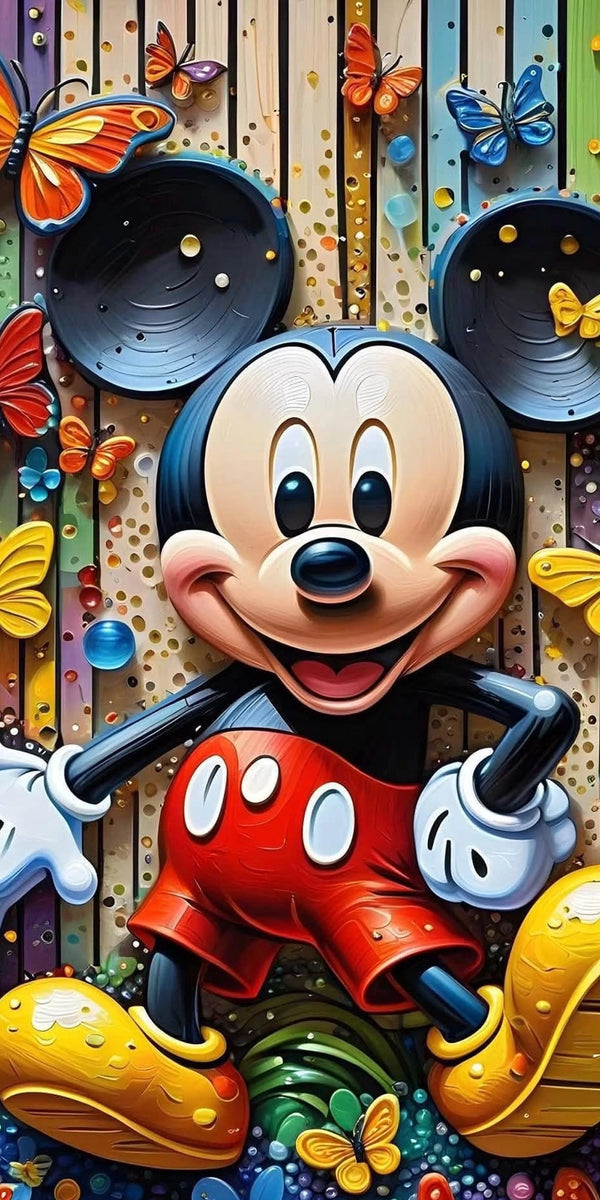 Diamond Painting mit lächelnder Cartoon-Maus, roter Hose, gelben Schuhen und bunten Schmetterlingen