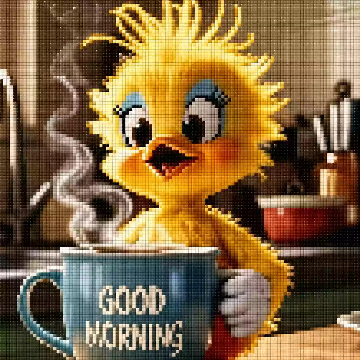 Diamond Painting mit gelbem Küken, dampfender blauer Kaffeetasse und Morgengruß in einer Küche, Mockup, Pixelvorschau