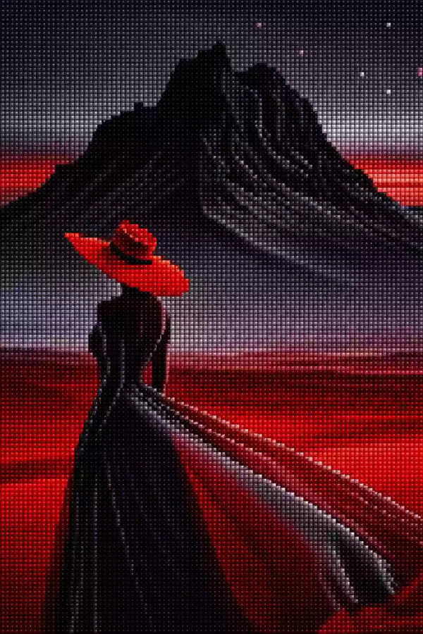 Frau mit rotem Hut vor roter Wüstenlandschaft als Diamond Painting. Mockup Pixelvorschau