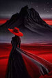 Frau mit rotem Hut vor roter Wüstenlandschaft als Diamond Painting. Mockup Pixelvorschau