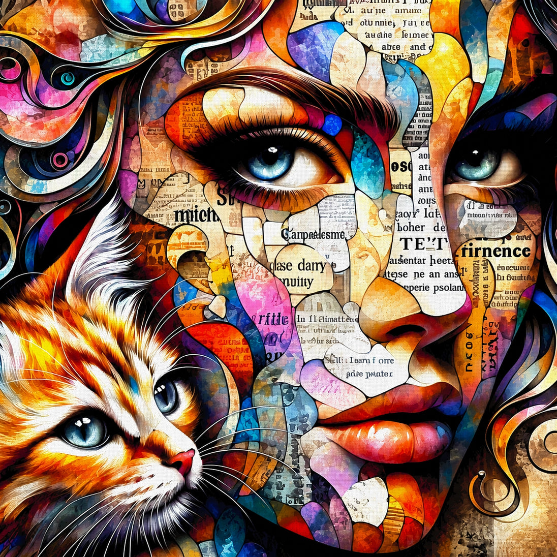 Diamond Painting mit Frauenporträt, orange-weißer Katze, blauen Augen und Zeitungscollage