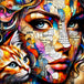 Diamond Painting mit Frauenporträt, orange-weißer Katze, blauen Augen und Zeitungscollage