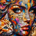 Diamond Painting mit Frauenporträt, orange-weißer Katze, blauen Augen und Zeitungscollage, Mockup, Pixelvorschau