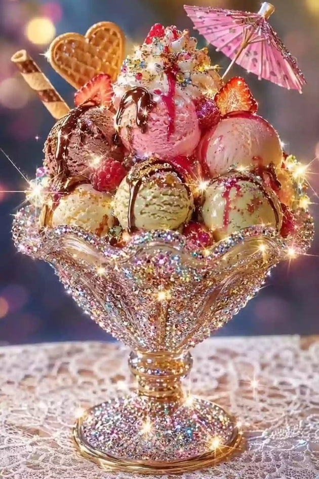 Diamond Painting mit buntem Eisbecher, Früchten, Waffeln, Schokoladensoße und rosa Schirmchen