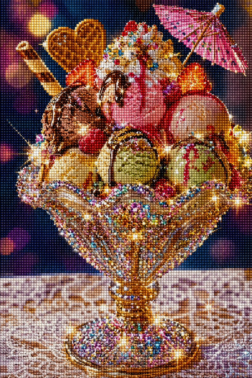 Diamond Painting mit buntem Eisbecher, Früchten, Waffeln, Schokoladensoße und rosa Schirmchen Mockup