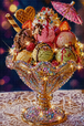 Diamond Painting mit buntem Eisbecher, Früchten, Waffeln, Schokoladensoße und rosa Schirmchen Mockup