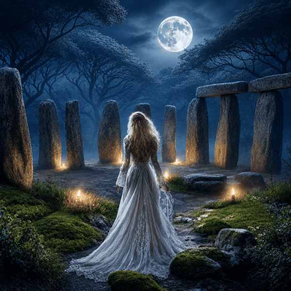 Diamond Painting mit Geisterfrau im weißen Kleid, Vollmond, Stonehenge, Nebel und Kerzen