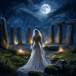 Diamond Painting mit Geisterfrau im weißen Kleid, Vollmond, Stonehenge, Nebel und Kerzen