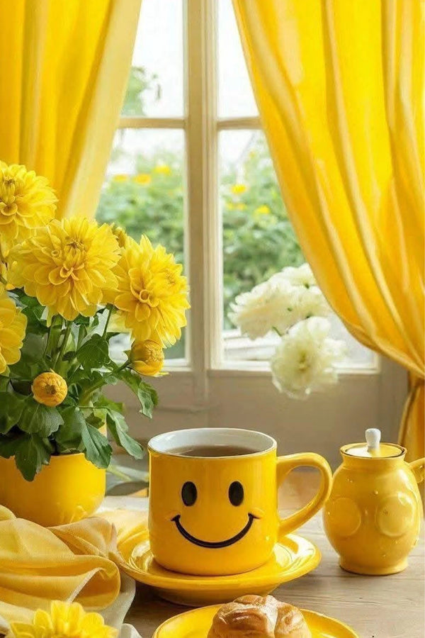 Diamond Painting mit gelber Smiley-Tasse, Blumen, Teekanne und sonnigem Fenster