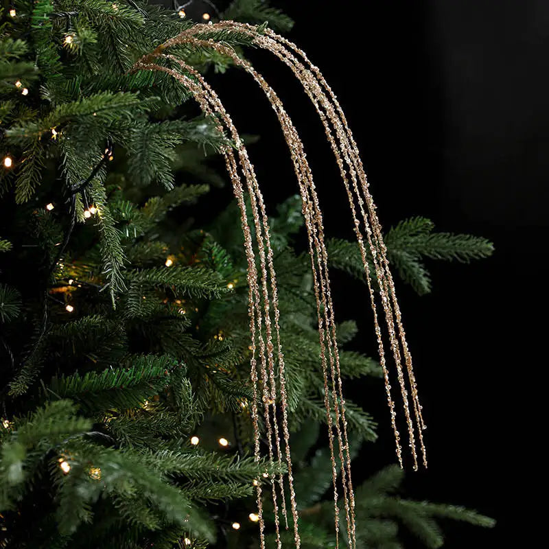 Bronzefarbene Glitzer Deko-Zweige mit langen Haengern als dekorativer Akzent fuer Weihnachtsbaum und Adventsdekoration