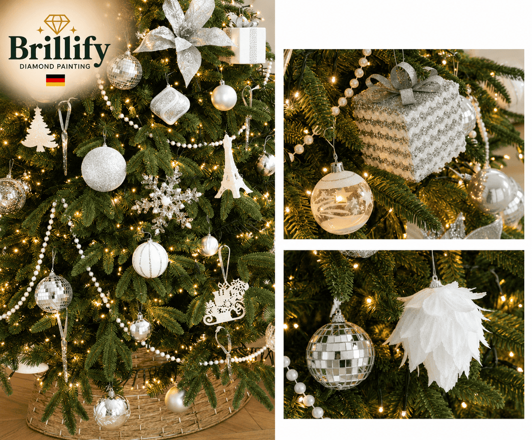 Detailansicht eines kuenstlichen Weihnachtsbaums mit goldenen und weissen Kugeln, Schleifen und Ornamenten