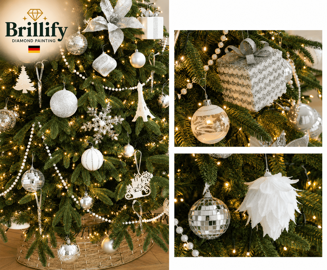 Detailansicht eines kuenstlichen Weihnachtsbaums mit goldenen und weissen Kugeln, Schleifen und Ornamenten