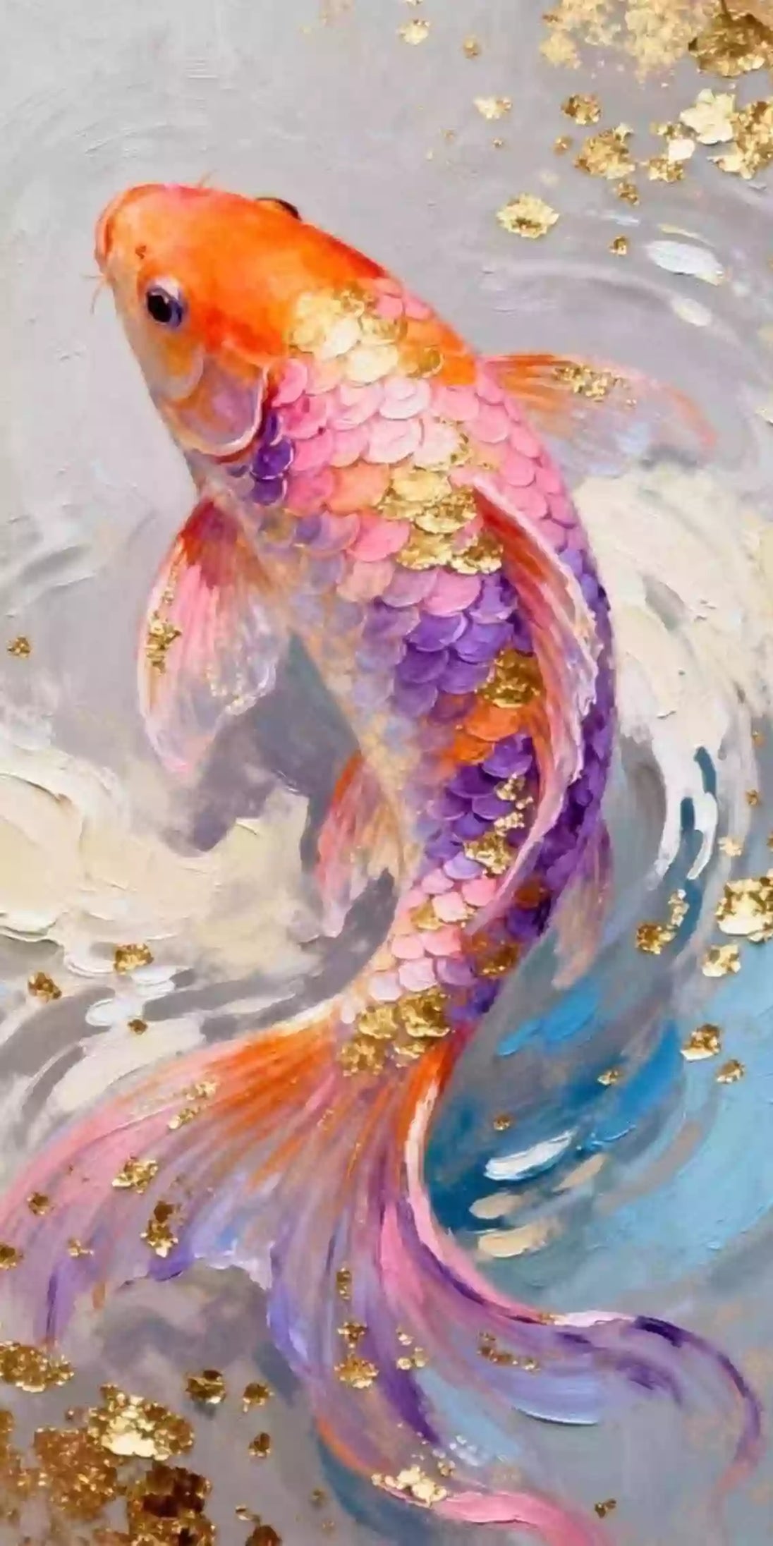 Diamond Painting Koi-Karpfen künstlerisch mit Gold.
