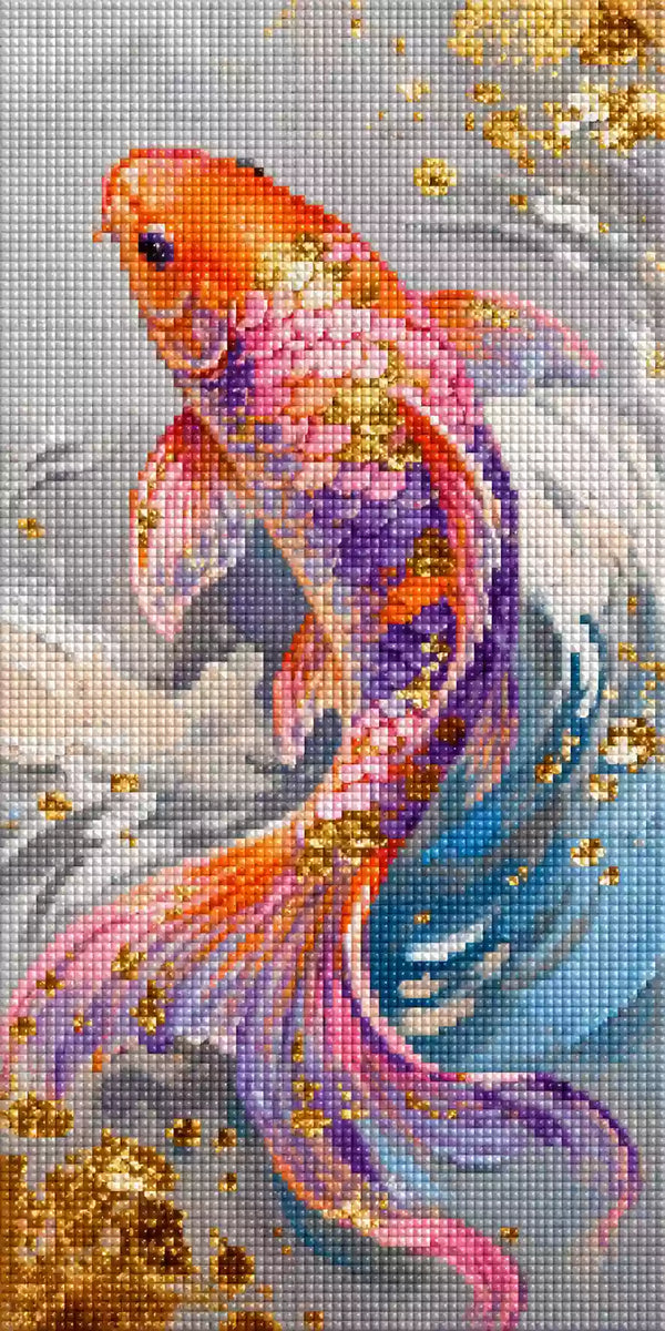 Diamond painting of koi carp, artistically rendered with gold. Mock-up
