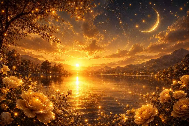 Diamond Painting mit goldenem Bergsee, Sonnenuntergang, Rosen, Sternen und leuchtendem Sichelmond