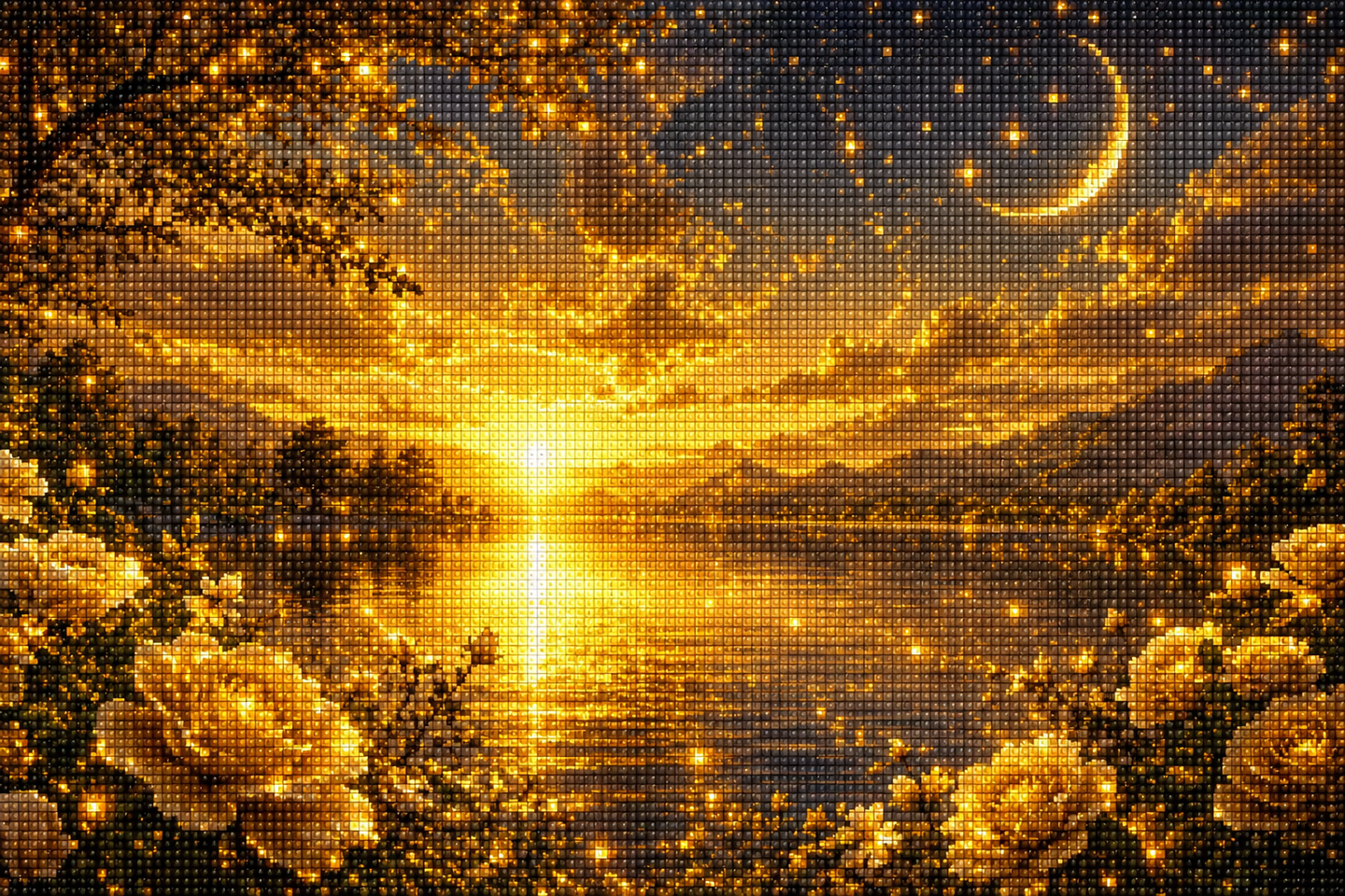 Diamond Painting mit goldenem Bergsee, Sonnenuntergang, Rosen, Sternen und leuchtendem Sichelmond Mockup