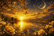 Diamond Painting mit goldenem Bergsee, Sonnenuntergang, Rosen, Sternen und leuchtendem Sichelmond Mockup