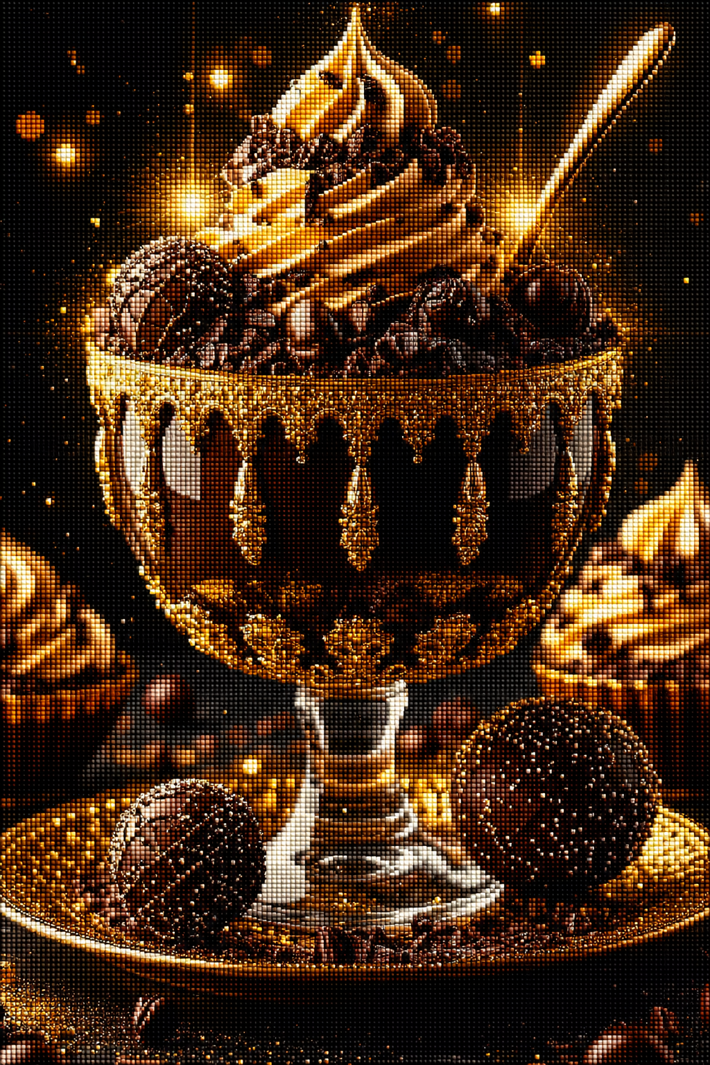 Diamond Painting mit Schokoladenbecher, Karamellcreme, Pralinen und goldenen Ornamenten Mockup
