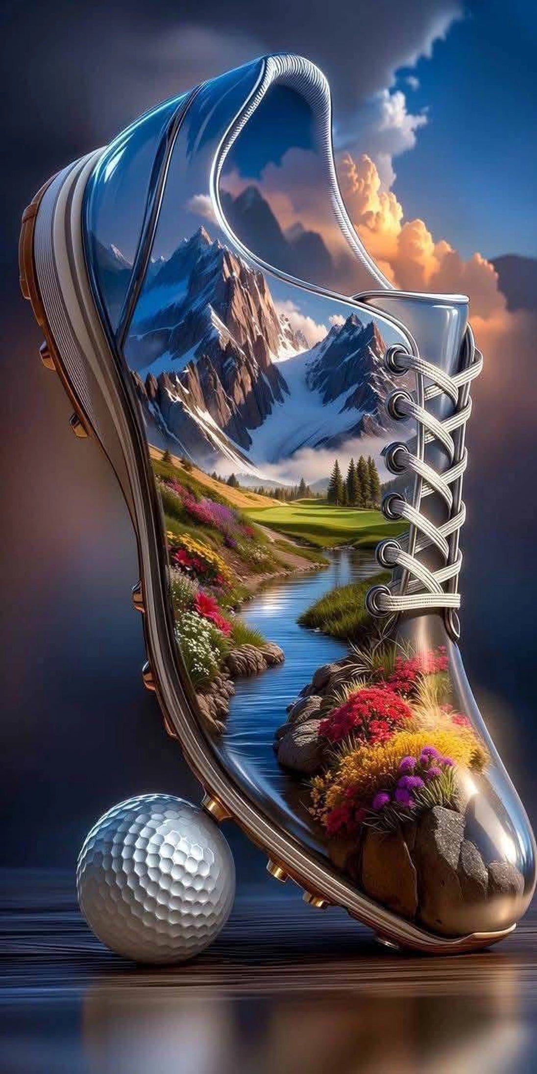 Diamond Painting mit metallischem Golfschuh, Berggipfeln, Bach, Blumenwiese und Golfball