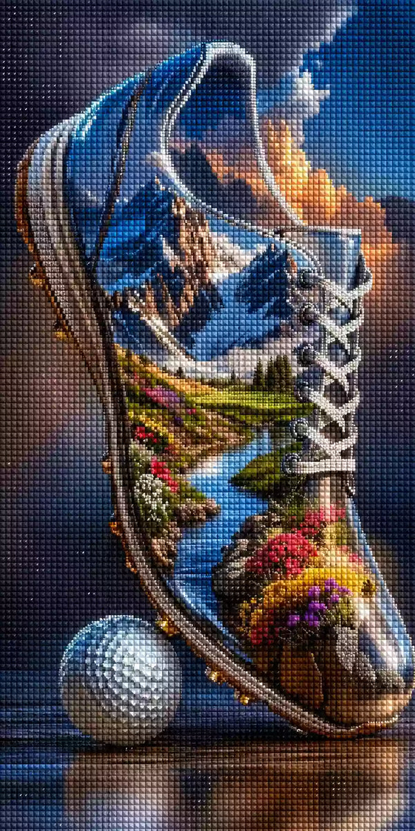 Diamond Painting mit metallischem Golfschuh, Berggipfeln, Bach, Blumenwiese und Golfball Mockup