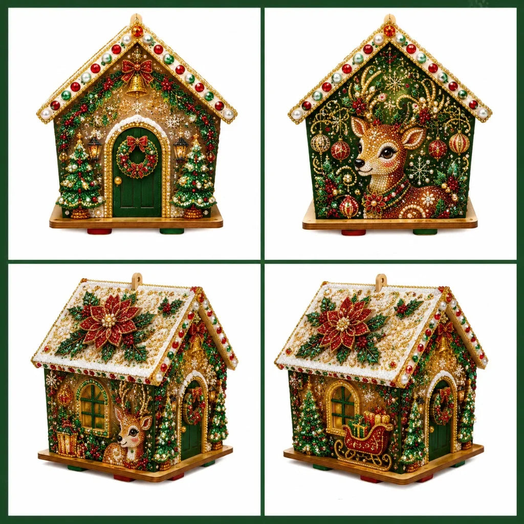 DIY Weihnachts-Häuschen in Grün mit Reh und geschmücktem Weihnachtsbaum und festlichen Verzierungen