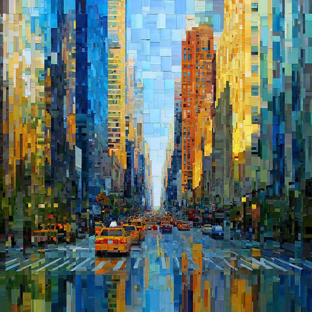 Diamond Painting mit Großstadtstraße, Hochhäusern, gelben Taxis und geometrischen Farbflächen