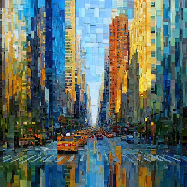 Diamond Painting mit Großstadtstraße, Hochhäusern, gelben Taxis und geometrischen Farbflächen