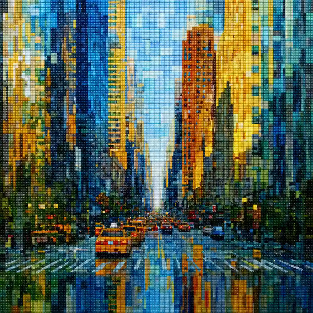 Diamond Painting mit Großstadtstraße, Hochhäusern, gelben Taxis und geometrischen Farbflächen, Mockup, Pixelvorschau