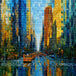 Diamond Painting mit Großstadtstraße, Hochhäusern, gelben Taxis und geometrischen Farbflächen, Mockup, Pixelvorschau