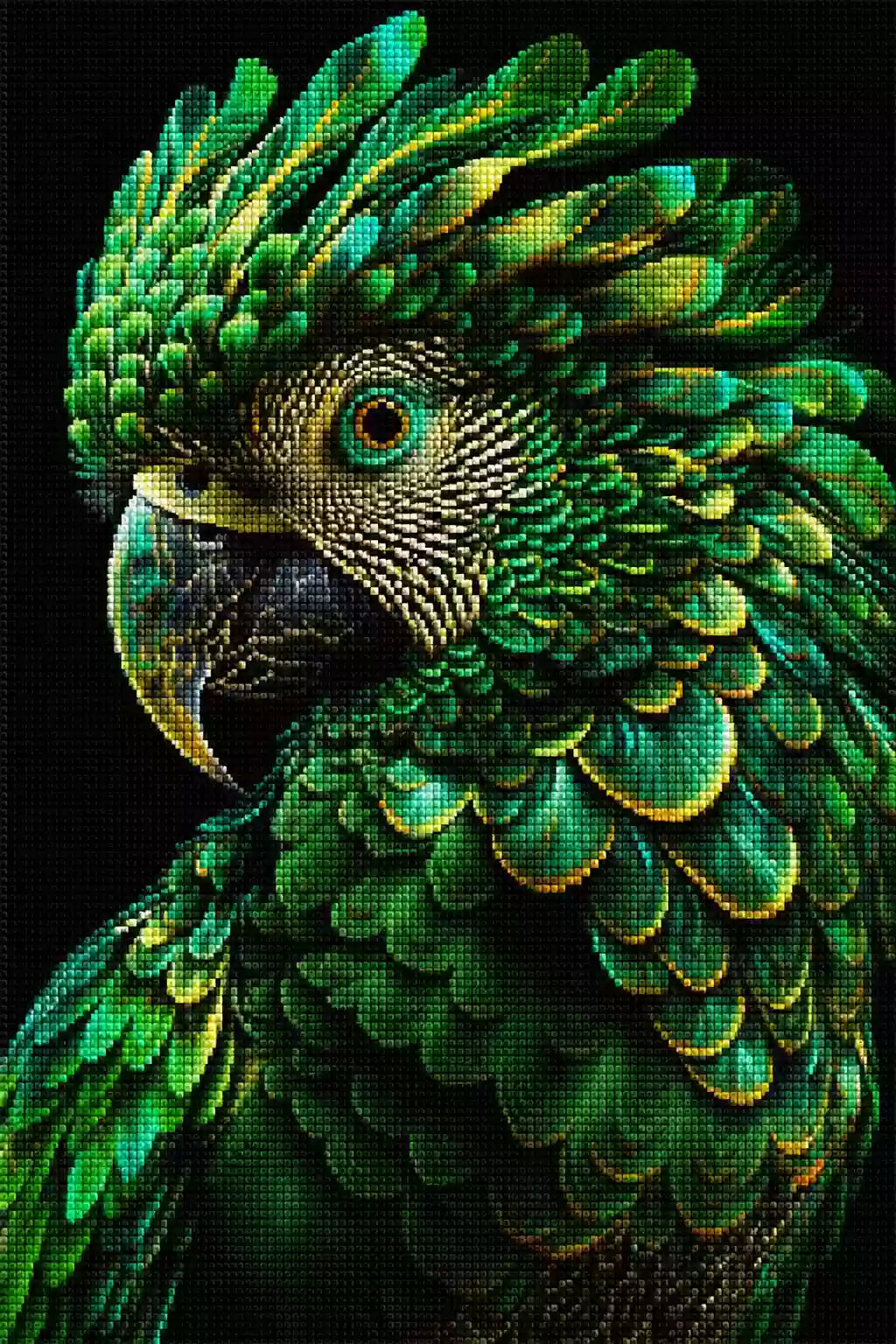 Grüner Papagei als Diamond Painting mit detailreichen Smaragdfedern vor schwarzem Hintergrund. Mockup Pixelvorschau