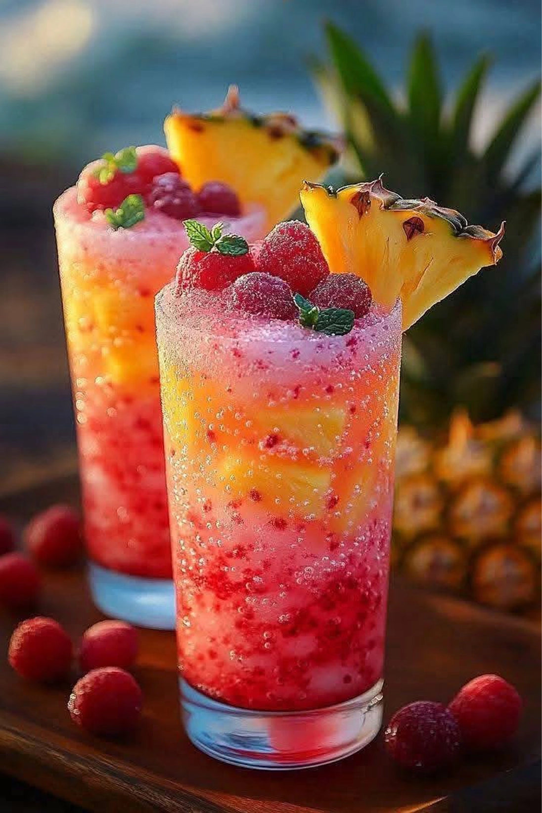 Diamond Painting mit zwei Himbeer-Ananas-Drinks, Minze und Kohlensäure in hohen Gläsern
