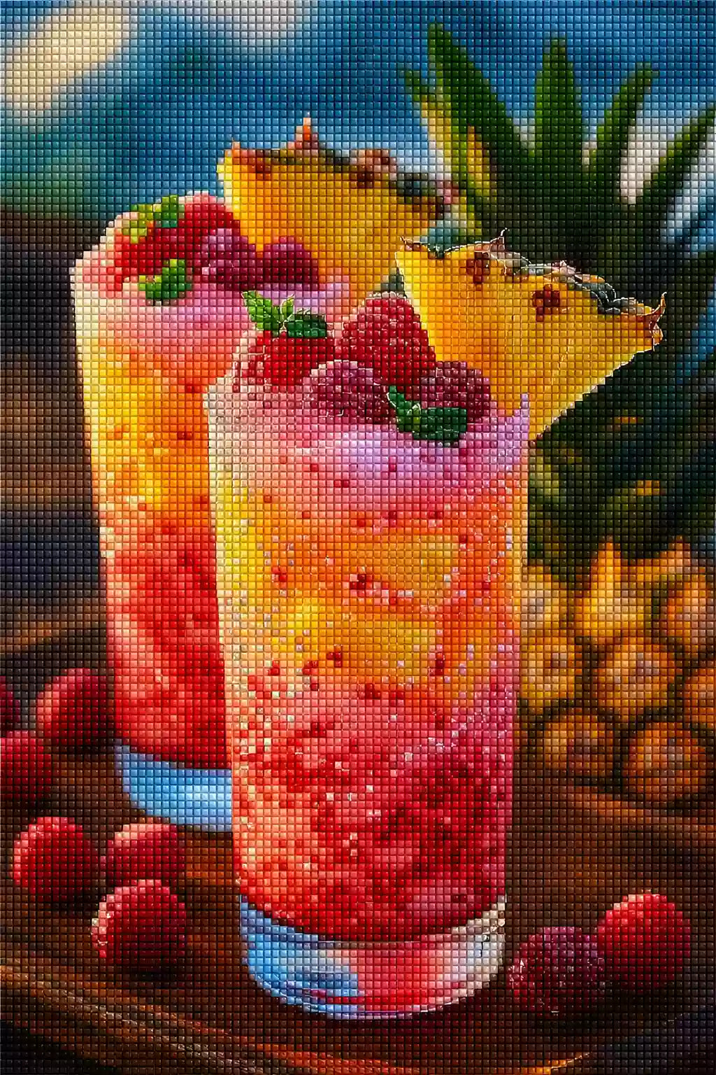 Diamond Painting mit zwei Himbeer-Ananas-Drinks, Minze und Kohlensäure in hohen Gläsern, Mockup, Pixelvorschau
