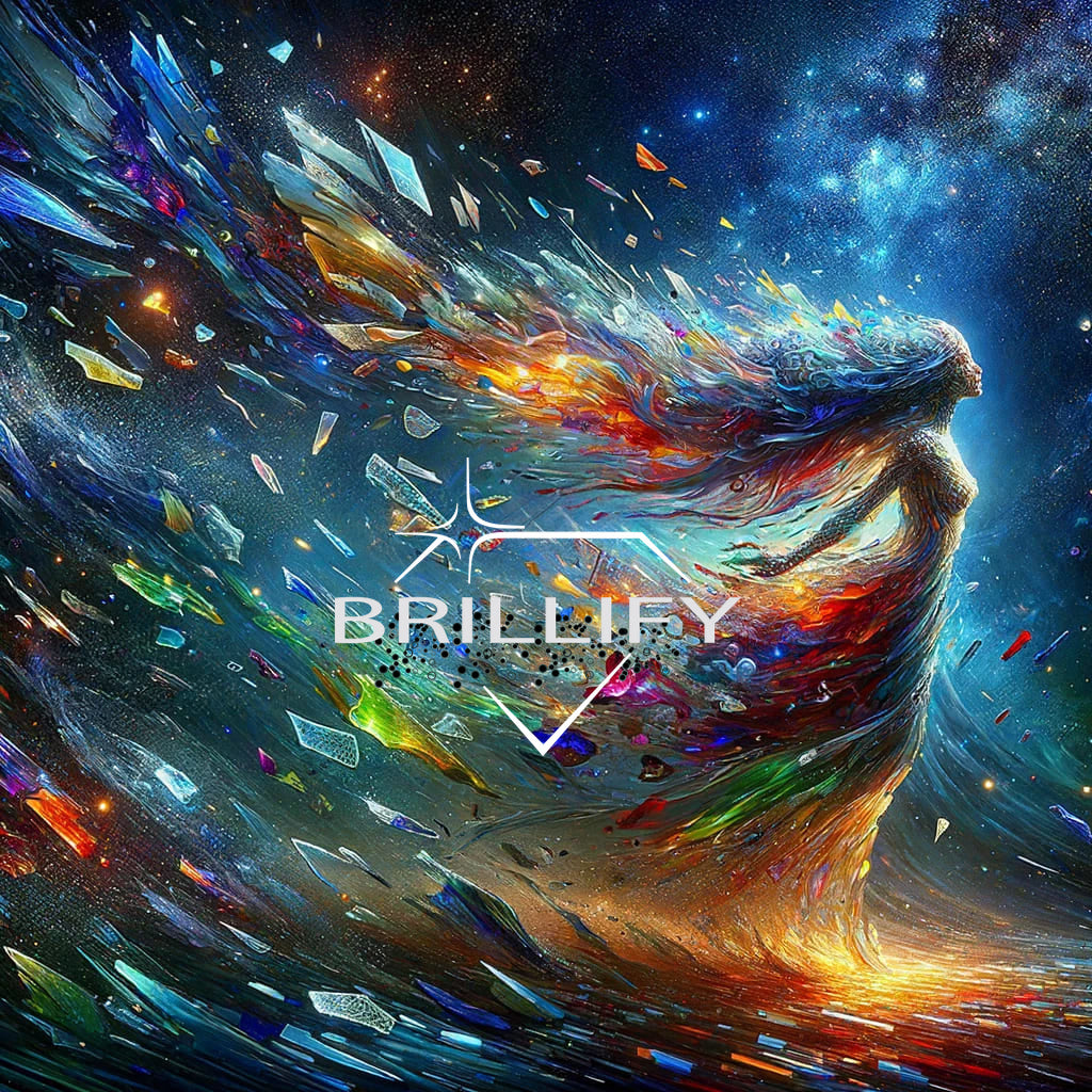 Diamond painting of the Virgo zodiac sign, an abstract energy figure with cosmic color rays. Explosion art.