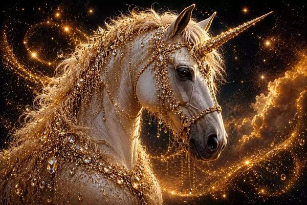 Diamond Painting mit weißem Einhorn, goldenem Horn, Kristallschmuck und funkelndem Sternenhimmel