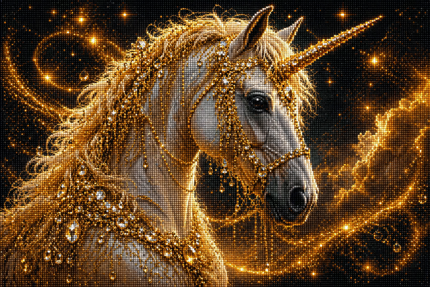 Diamond Painting mit weißem Einhorn, goldenem Horn, Kristallschmuck und funkelndem Sternenhimmel Mockup