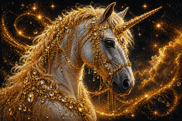Diamond Painting mit weißem Einhorn, goldenem Horn, Kristallschmuck und funkelndem Sternenhimmel Mockup