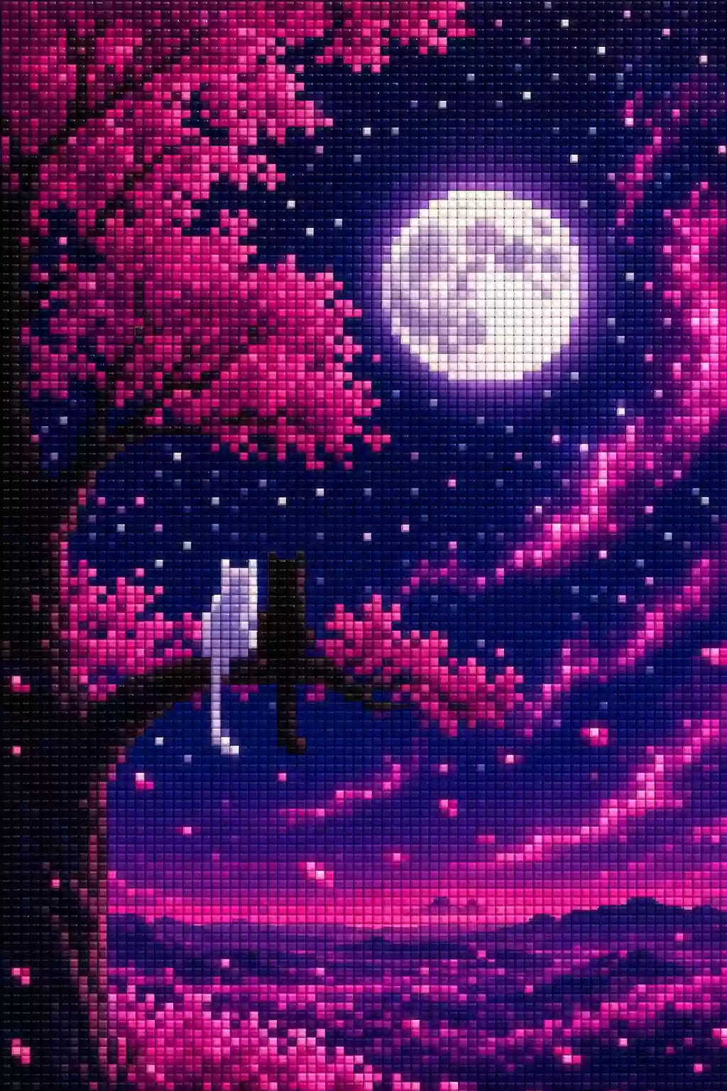 Diamond Painting mit schwarzer und weißer Katze auf einem Ast unter Vollmond und pinkem Sternenhimmel, Mockup, Pixelvorschau